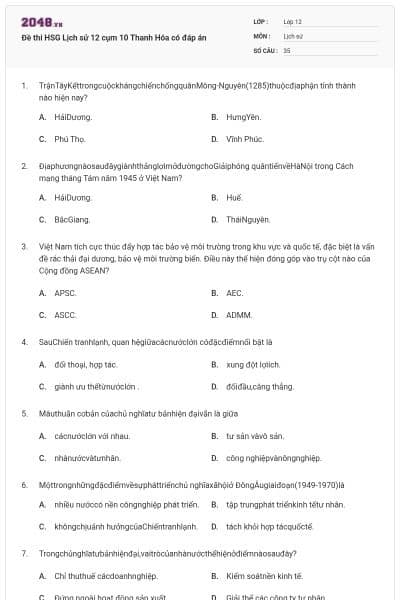 Đề thi HSG Lịch sử 12 cụm 10 Thanh Hóa có đáp án