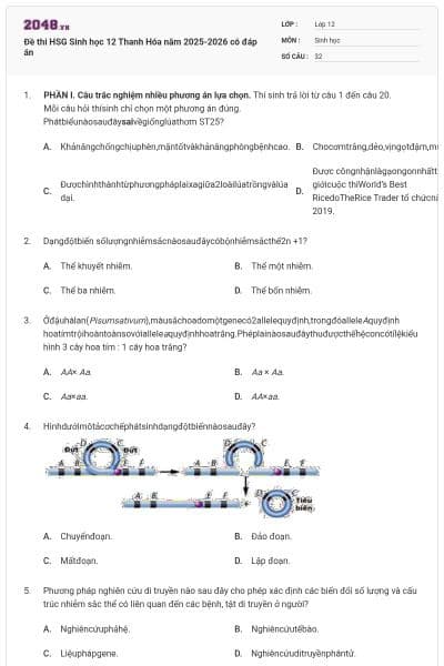 Đề thi HSG Sinh học 12 Thanh Hóa năm 2025-2026 có đáp án