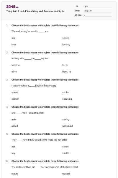 Tiếng Anh 9 Unit 4 Vocabulary and Grammar có đáp án