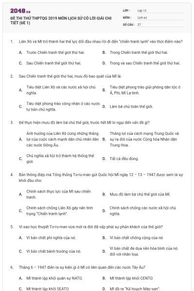 ĐỀ THI THỬ THPTQG 2019 MÔN LỊCH SỬ CÓ LỜI GIẢI CHI TIẾT (ĐỀ 1)