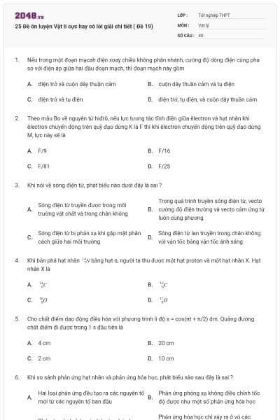 25 Đề ôn luyện Vật lí cực hay có lời giải chi tiết ( Đề 19)