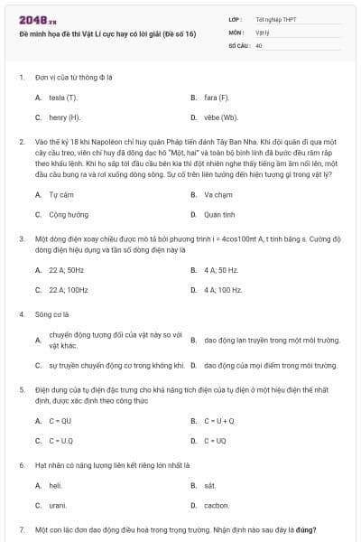 Đề minh họa đề thi Vật Lí cực hay có lời giải (Đề số 16)