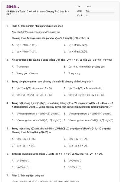 Đề kiểm tra Toán 10 Kết nối tri thức Chương 7 có đáp án - Đề 1