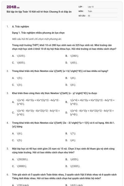 Bài tập ôn tập Toán 10 Kết nối tri thức Chương 8 có đáp án