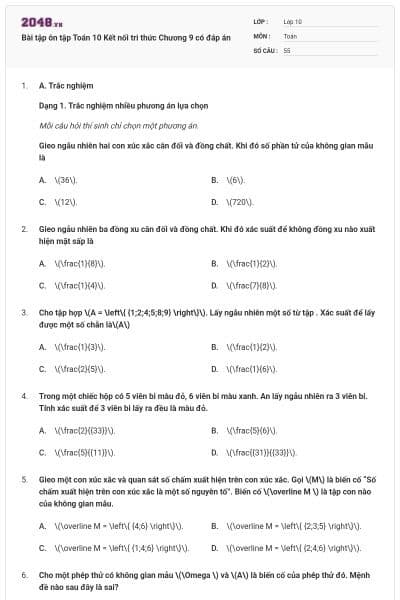 Bài tập ôn tập Toán 10 Kết nối tri thức Chương 9 có đáp án