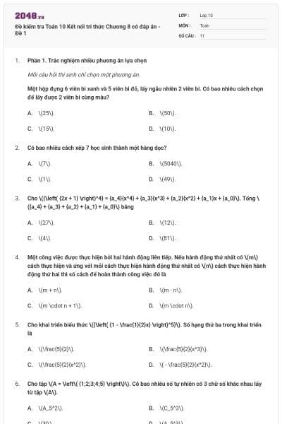 Đề kiểm tra Toán 10 Kết nối tri thức Chương 8 có đáp án - Đề 1