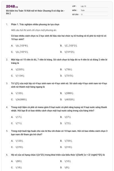 Đề kiểm tra Toán 10 Kết nối tri thức Chương 8 có đáp án - Đề 2