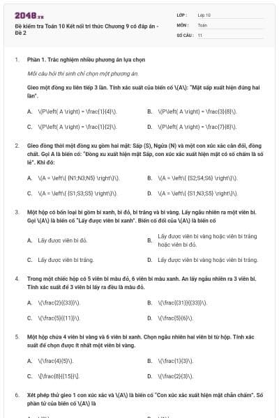 Đề kiểm tra Toán 10 Kết nối tri thức Chương 9 có đáp án - Đề 2