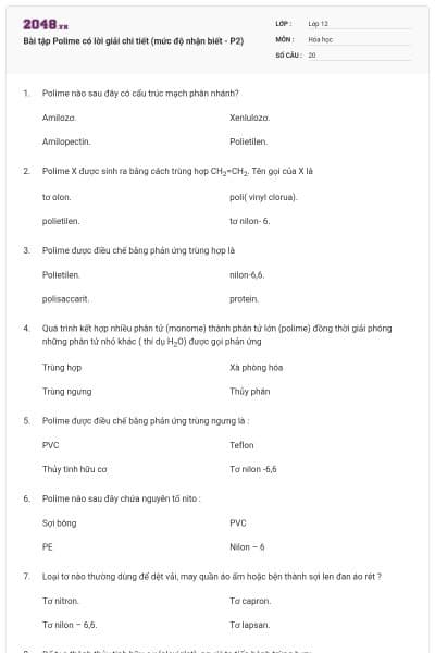 Bài tập Polime có lời giải chi tiết (mức độ nhận biết - P2)