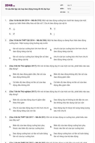 10 câu Bài tập các loại dao động trong đề thi đại học