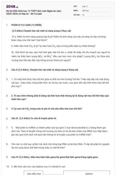 Đề thi HSG Sinh học 12 THPT Kim Liên Nghệ An năm 2025-2026 có đáp án - Đề Tự luận