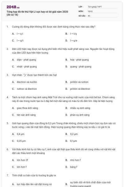 Tổng hợp đề thi thử Vật Lí cực hay có lời giải năm 2020 (đề số 16)