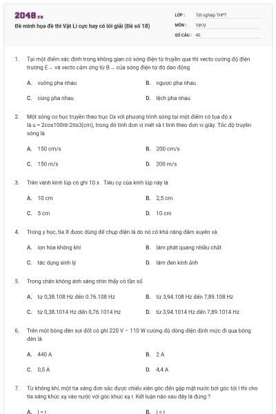 Đề minh họa đề thi Vật Lí cực hay có lời giải (Đề số 18)