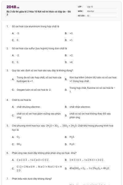 Bộ 3 đề thi giữa kì 2 Hóa 10 Kết nối tri thức có đáp án - Đề 3