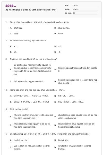 Bộ 3 đề thi giữa kì 2 Hóa 10 Cánh diều có đáp án - Đề 1