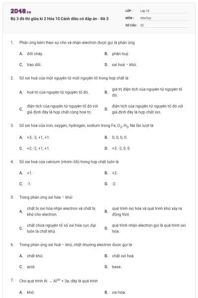 Bộ 3 đề thi giữa kì 2 Hóa 10 Cánh diều có đáp án - Đề 3