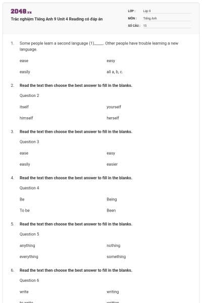 Trắc nghiệm Tiếng Anh 9 Unit 4 Reading có đáp án