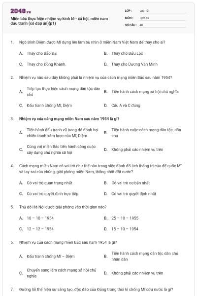 Miền bắc thực hiện nhiệm vụ kinh tế - xã hội, miền nam đấu tranh (có đáp án)(p1)