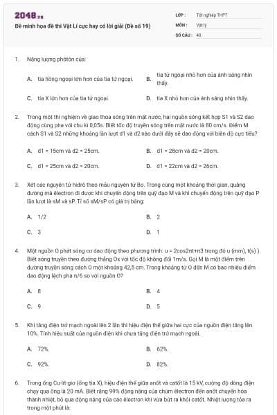Đề minh họa đề thi Vật Lí cực hay có lời giải (Đề số 19)