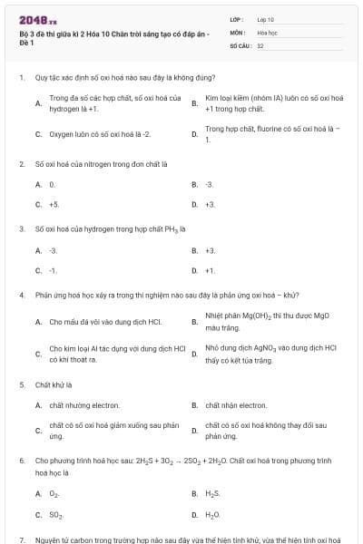 Bộ 3 đề thi giữa kì 2 Hóa 10 Chân trời sáng tạo có đáp án - Đề 1