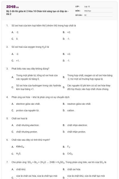 Bộ 3 đề thi giữa kì 2 Hóa 10 Chân trời sáng tạo có đáp án - Đề 2