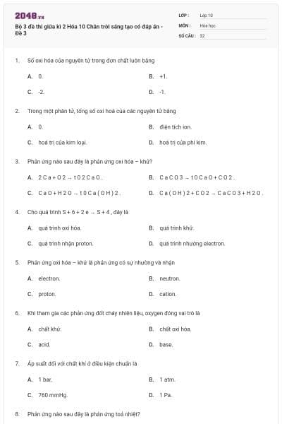 Bộ 3 đề thi giữa kì 2 Hóa 10 Chân trời sáng tạo có đáp án - Đề 3