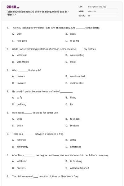 (Viên chức Mầm non) 30 đề ôn thi tiếng Anh có đáp án - Phần 17