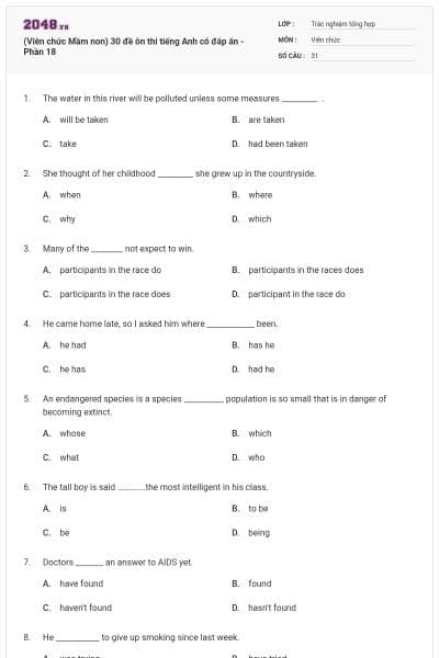 (Viên chức Mầm non) 30 đề ôn thi tiếng Anh có đáp án - Phần 18