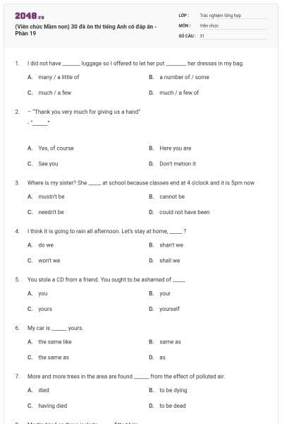 (Viên chức Mầm non) 30 đề ôn thi tiếng Anh có đáp án - Phần 19