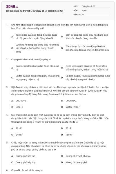 Đề minh họa đề thi Vật Lí cực hay có lời giải (Đề số 20)
