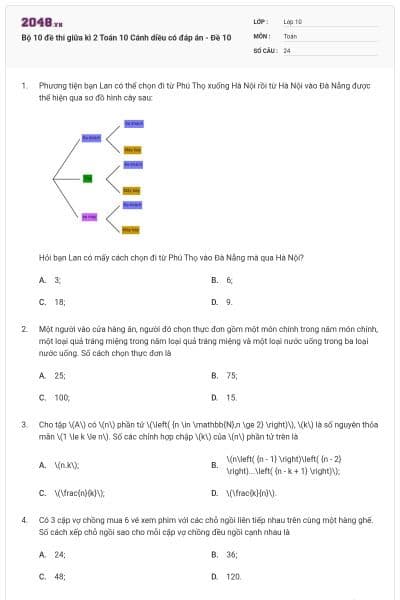 Bộ 10 đề thi giữa kì 2 Toán 10 Cánh diều có đáp án - Đề 10