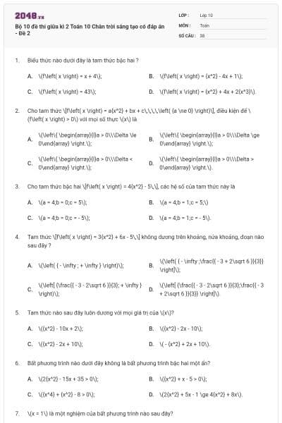Bộ 10 đề thi giữa kì 2 Toán 10 Chân trời sáng tạo có đáp án - Đề 2