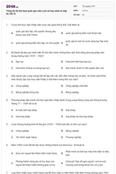 Tổng đề thi thử thpt quốc gia môn Lịch sử hay nhất có đáp án (đề 3)