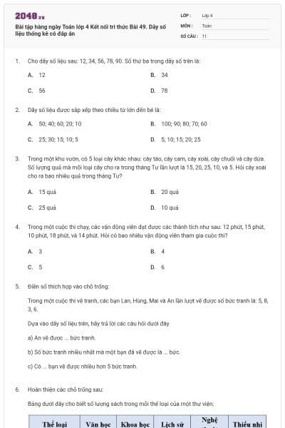 Bài tập hàng ngày Toán lớp 4 Kết nối tri thức Bài 49. Dãy số liệu thống kê có đáp án