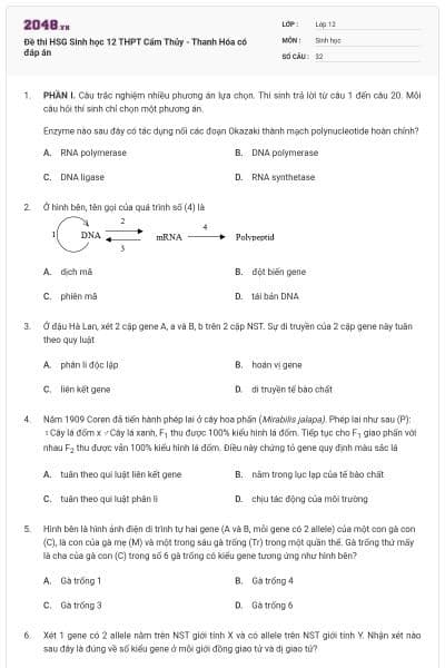 Đề thi HSG Sinh học 12 THPT Cẩm Thủy - Thanh Hóa có đáp án