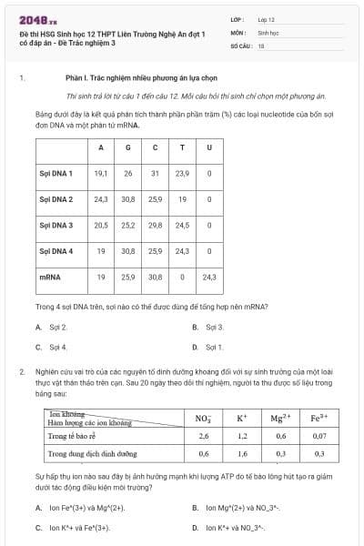 Đề thi HSG Sinh học 12 THPT Liên Trường Nghệ An đợt 1 có đáp án - Đề Trắc nghiệm 3