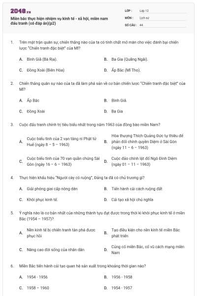 Miền bắc thực hiện nhiệm vụ kinh tế - xã hội, miền nam đấu tranh (có đáp án)(p2)