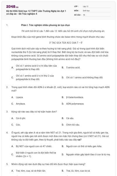 Đề thi HSG Sinh học 12 THPT Liên Trường Nghệ An đợt 1 có đáp án - Đề Trắc nghiệm 4