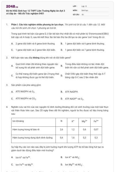 Đề thi HSG Sinh học 12 THPT Liên Trường Nghệ An đợt 3 có đáp án - Mã đề Trắc nghiệm 0401