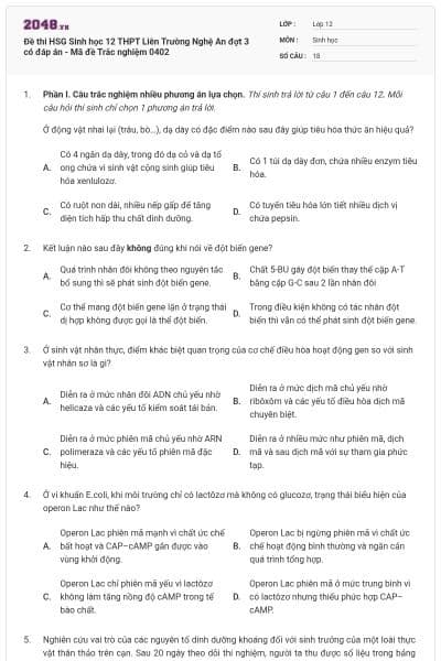 Đề thi HSG Sinh học 12 THPT Liên Trường Nghệ An đợt 3 có đáp án - Mã đề Trắc nghiệm 0402