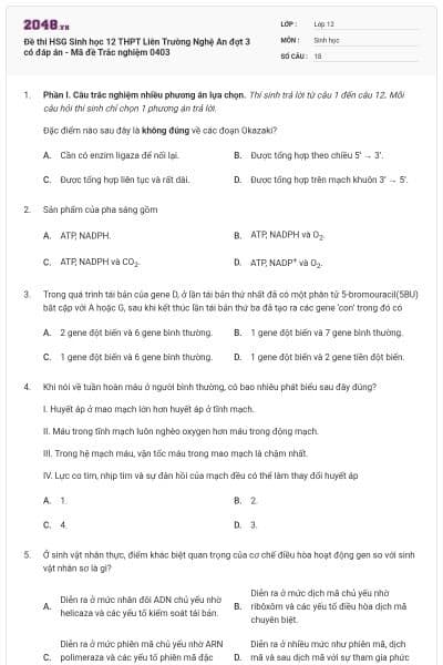 Đề thi HSG Sinh học 12 THPT Liên Trường Nghệ An đợt 3 có đáp án - Mã đề Trắc nghiệm 0403