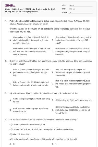 Đề thi HSG Sinh học 12 THPT Liên Trường Nghệ An đợt 3 có đáp án - Mã đề Trắc nghiệm 0404