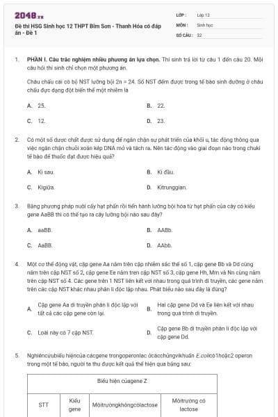 Đề thi HSG Sinh học 12 THPT Bỉm Sơn - Thanh Hóa có đáp án - Đề 1