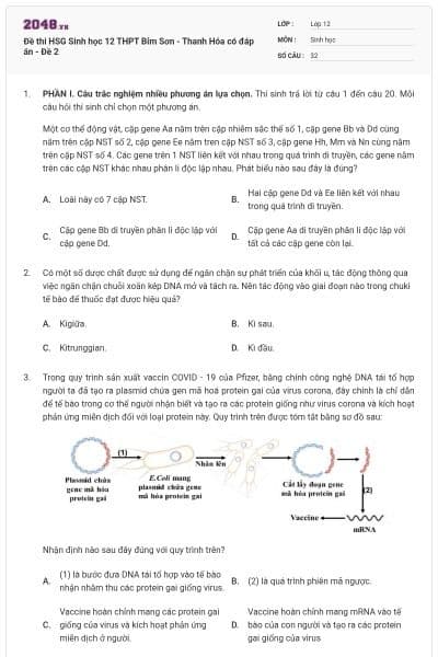 Đề thi HSG Sinh học 12 THPT Bỉm Sơn - Thanh Hóa có đáp án - Đề 2
