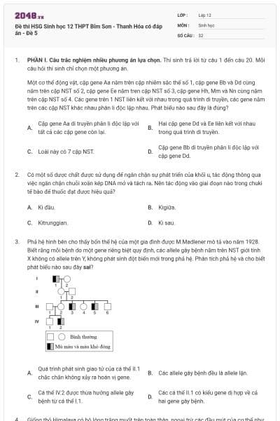 Đề thi HSG Sinh học 12 THPT Bỉm Sơn - Thanh Hóa có đáp án - Đề 5