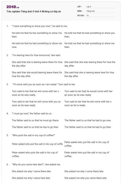 Trắc nghiệm Tiếng Anh 9 Unit 4 Writing có đáp án