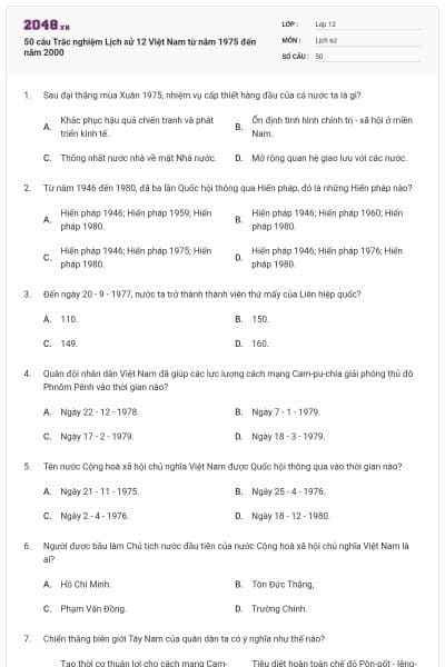 50 câu Trắc nghiệm Lịch sử 12 Việt Nam từ năm 1975 đến năm 2000