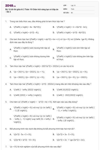 Bộ 10 đề thi giữa kì 2 Toán 10 Chân trời sáng tạo có đáp án - Đề 3