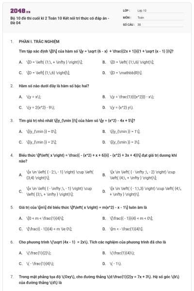 Bộ 10 đề thi cuối kì 2 Toán 10 Kết nối tri thức có đáp án - Đề 04