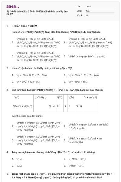 Bộ 10 đề thi cuối kì 2 Toán 10 Kết nối tri thức có đáp án - Đề 07